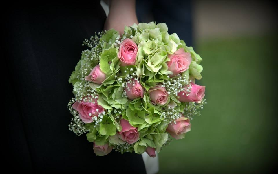 bridal bouquet of roses and green  hydrangea