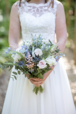 Natural looking baby blue bridal bouquet