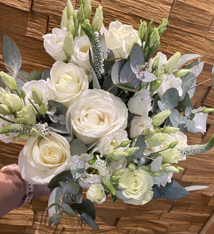 natural rustic wedding flowers foliage ivory rose freesia veronica lissianthus and green soft ruscuss eucalyptus hand tied bouquet