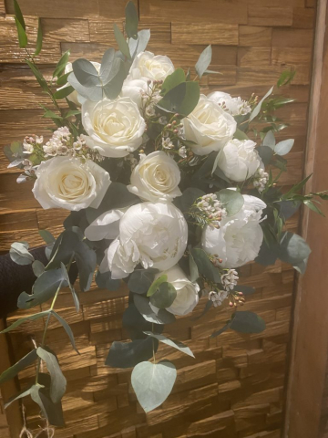 Ivory roses peonies wax flower & eucalyptus