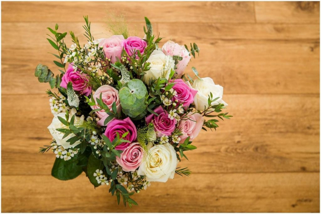 Mixed pink bridal bouquet with wax flower & foliage's