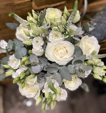 natural rustic wedding flowers foliage ivory rose freesia veronica lissianthus and green soft ruscuss eucalyptus hand tied bouquet