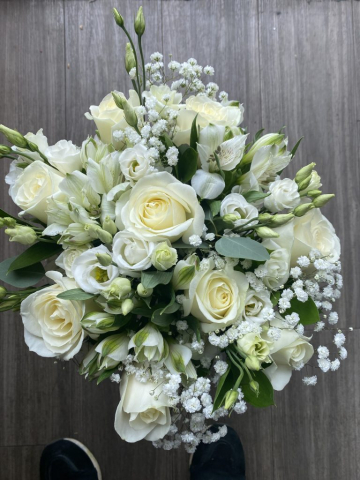 Ivory roses, alstro, lissianthus & gyp hand tied bridal bouquet