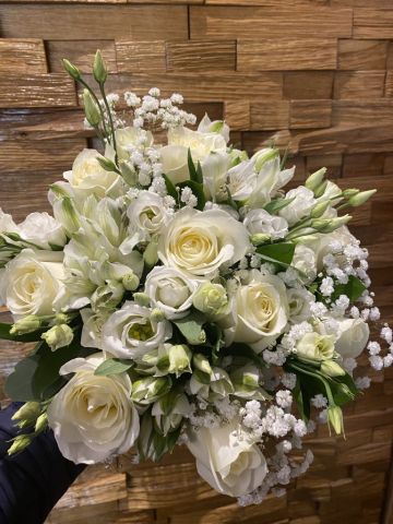 Ivory roses, alstro, lissianthus & gyp hand tied bridal bouquet