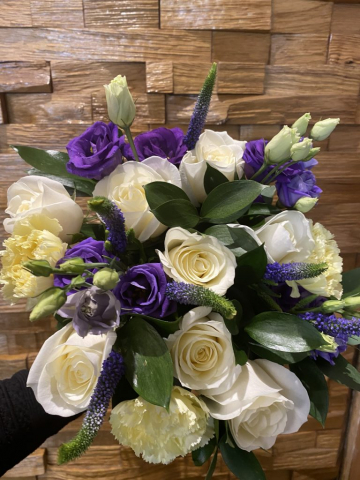 Ivory roses & purple lissianthus with veronica