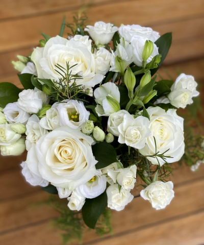 ivory and green hand tied wedding bouquet