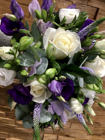 natural rustic wedding flowers foliage ivory rose lilac freesia purple veronica purple lissianthus and green soft ruscuss eucalyptus hand tied bouquet