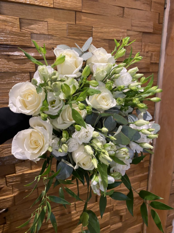 natural rustic wedding flowers foliage ivory rose freesia  lissianthus and green soft ruscuss eucalyptus hand tied bouquet
