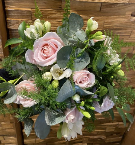 natural rustic wedding flowers foliage pink rose freesia  and green soft ruscuss eucalyptus hand tied bouquet