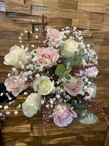 natural rustic wedding flowers foliage ivory rose pink roses gypsophila  and green soft ruscuss eucalyptus hand tied bouquet