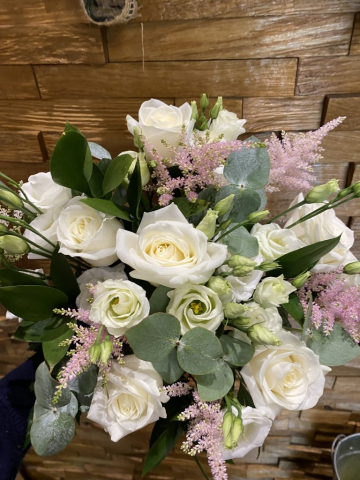 Loose bridal bouquet ivory roses astilbe lissianthus & Eucalyptus