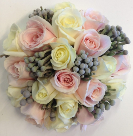 pastel pink roses with white roses and grey berries  wedding flowers