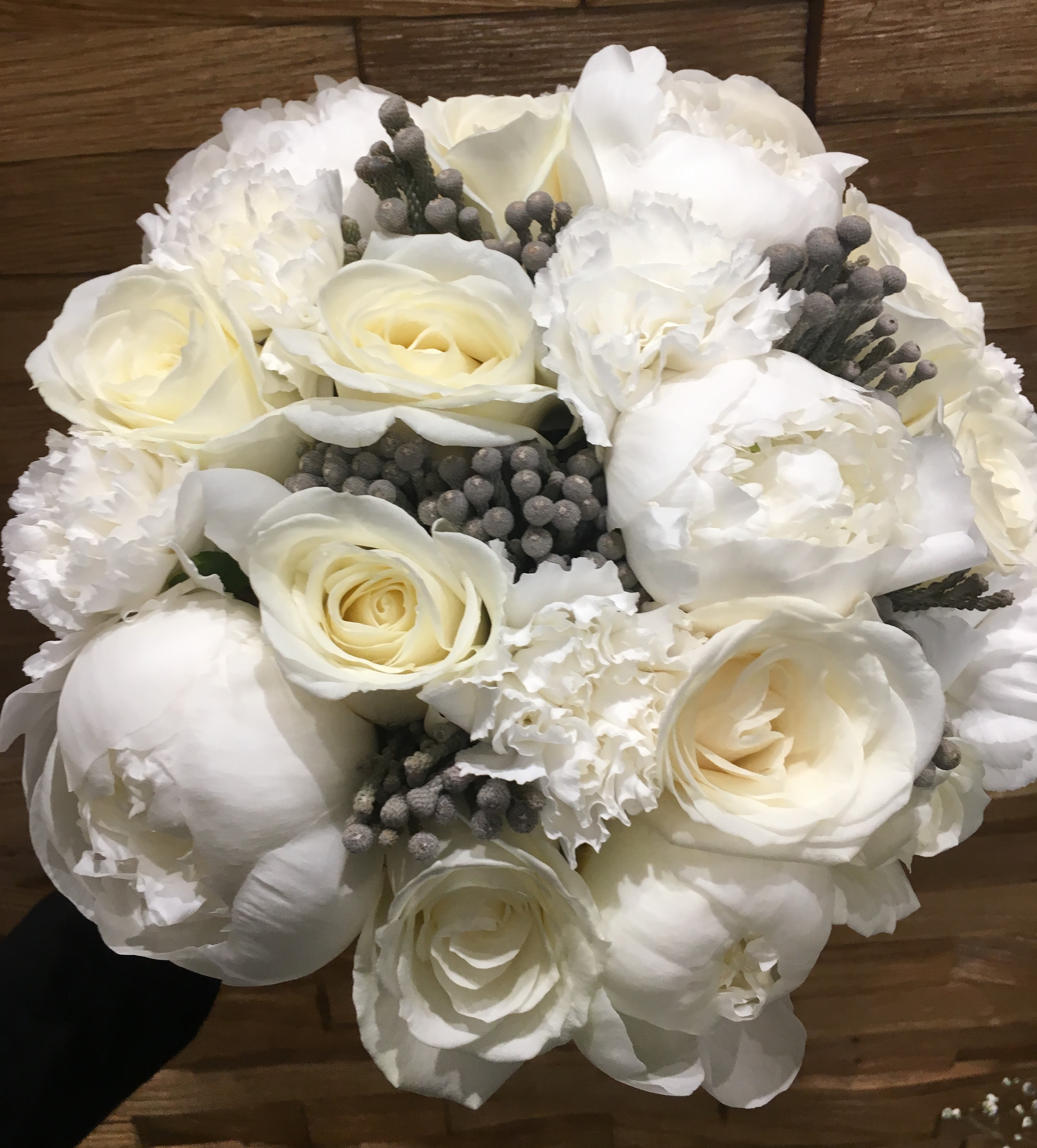 peonies  with white roses and grey berries