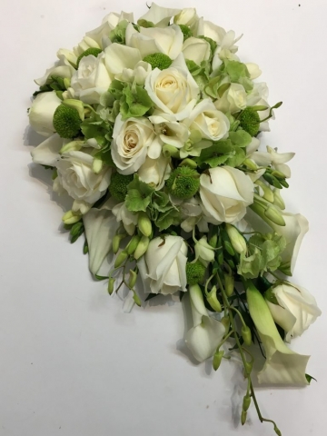 white rose and white freesia calla and singapore orchids shower wedding bouquet