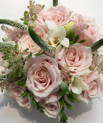 sweet avalanche & freesia with astilbe & veronica bridal bouquet