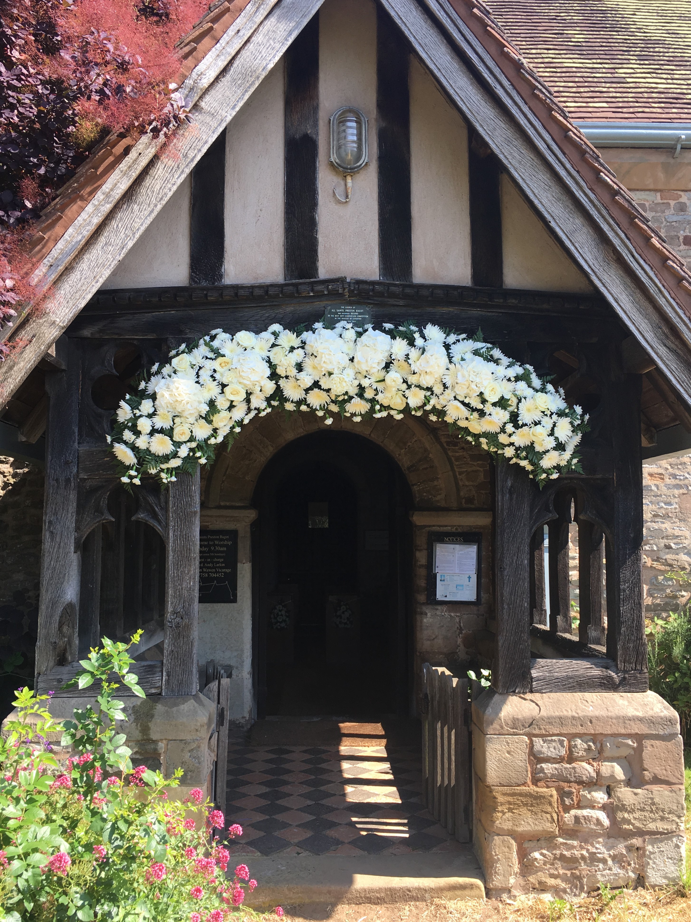 white rose chrysanthemum arch way entrance Church Arch