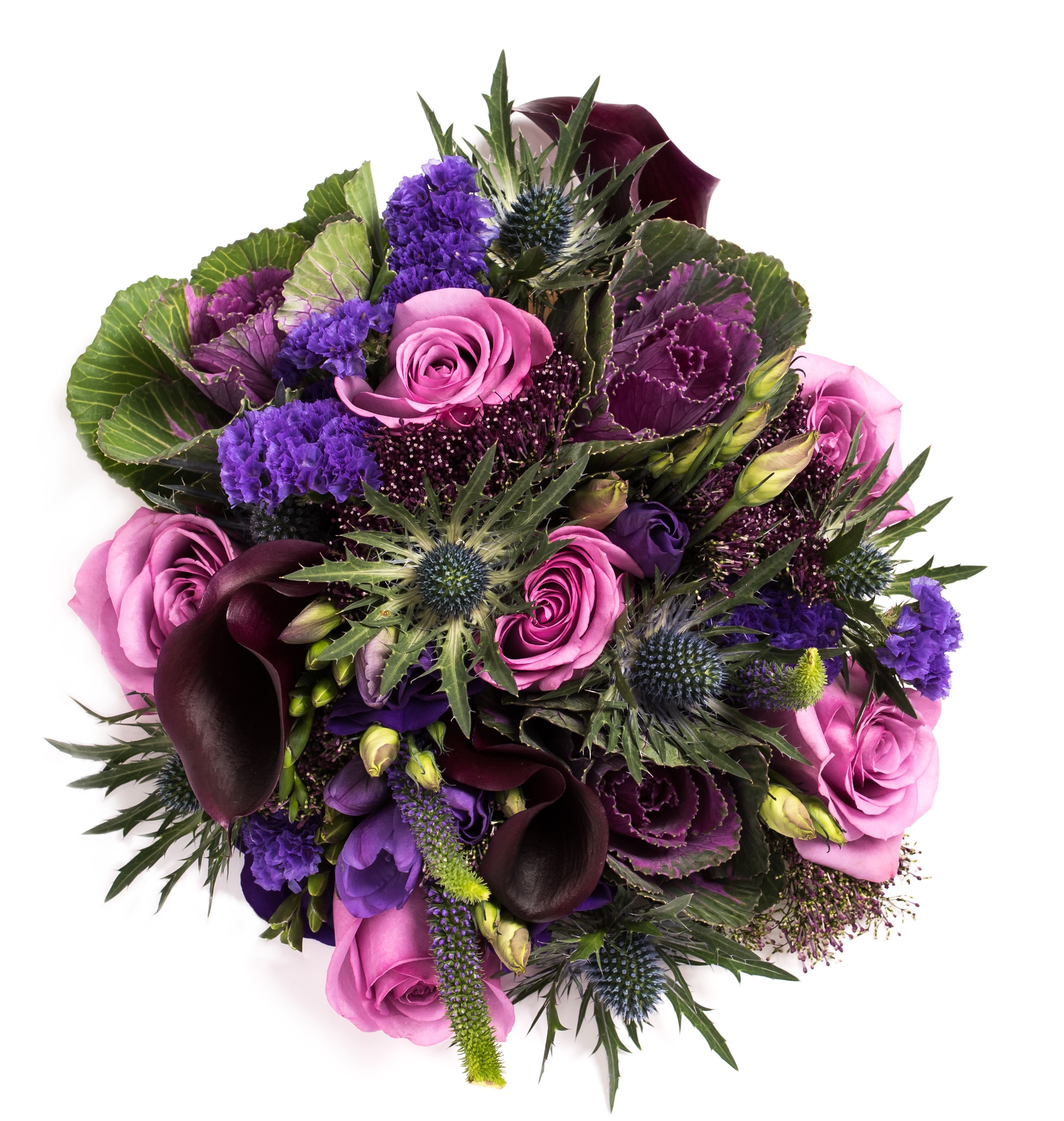hand tied of roses thistle and lisianthus  freesia and veronica  plum calla and cabbages