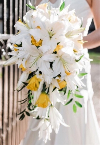wedding bouquet cascading lilies and daffodils