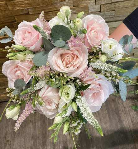 natural rustic wedding flowers foliage pale pink rose  veronica lissianthus  eucalyptus hand tied bouquet