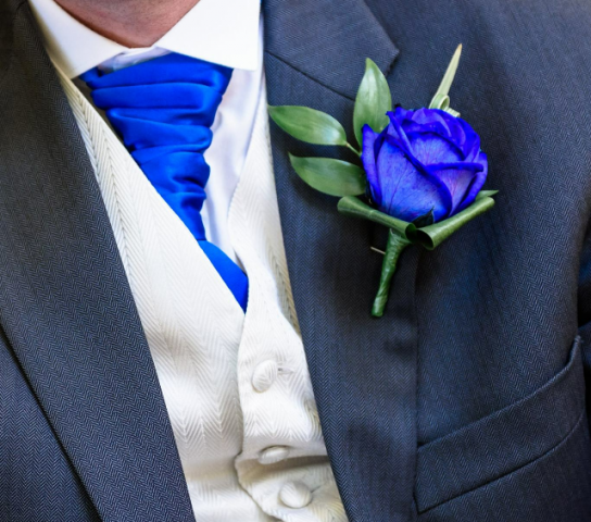 blue cravat blue rose mens buttonhole