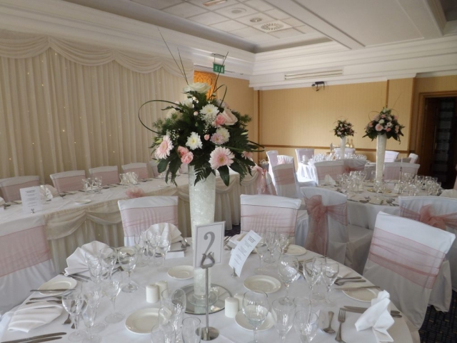 Pink & white reception flowers chair covers Ardencote Manor