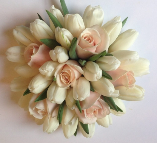 tulips and roses in pastel shades hand tied wedding flowers
