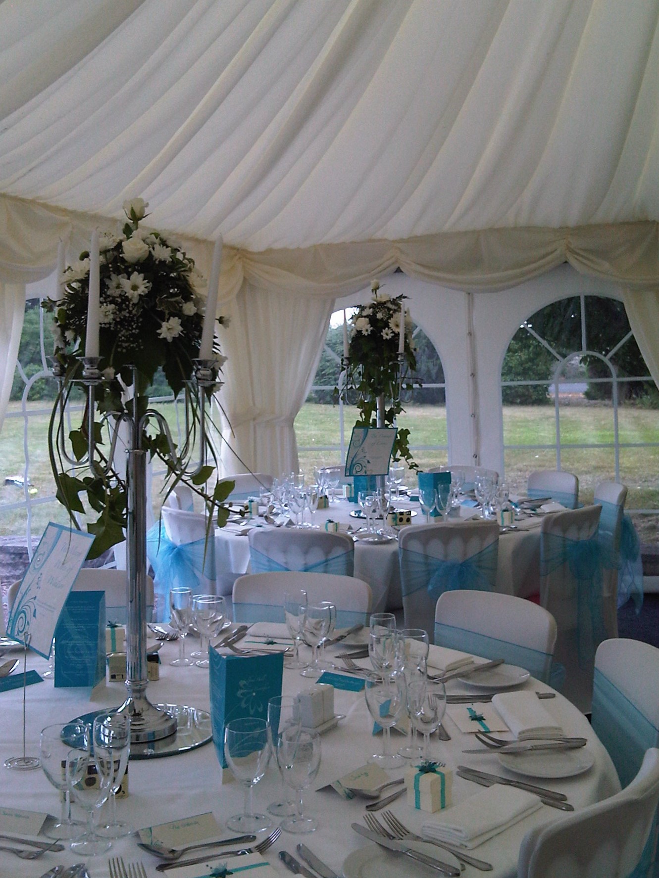 White candelabra table centres Salford Hall