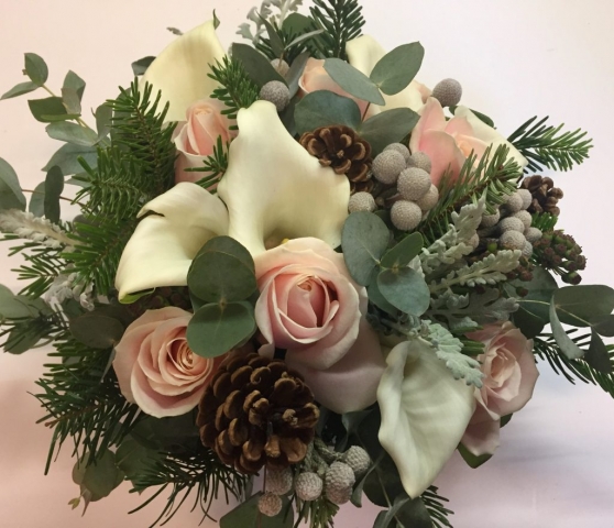 wild look white  calla and pale pink roses with cones and berries wedding hand tied bouquet