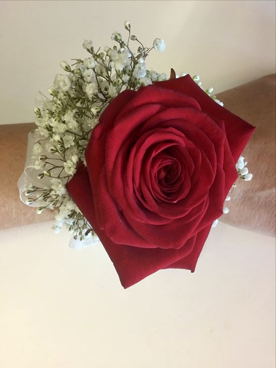 Red Rose & gypsophlia wrist corsage