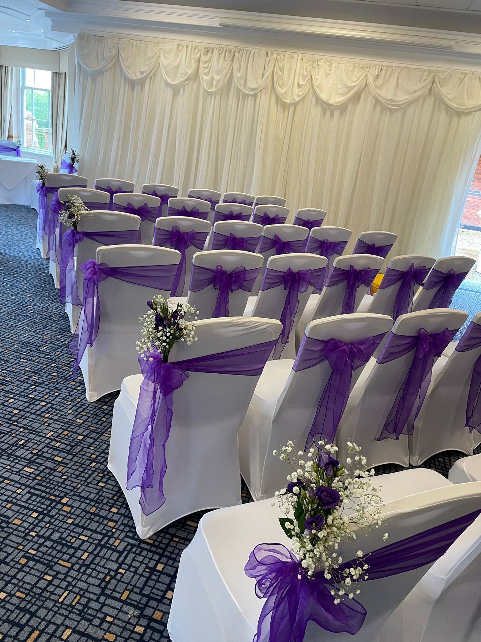 Purple sash & gyp chair pews Ardencote manor