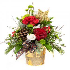 Show your love this Christmas with this wonderful collection of wintry flowers arranged in a co ordinating pot.